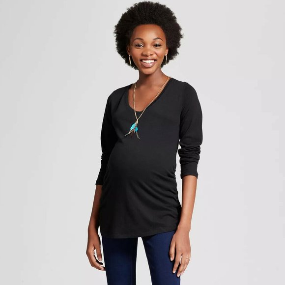 Isabel Maternity Long Sleeve T Shirt Scoop Neck Black - Picture 1 of 12
